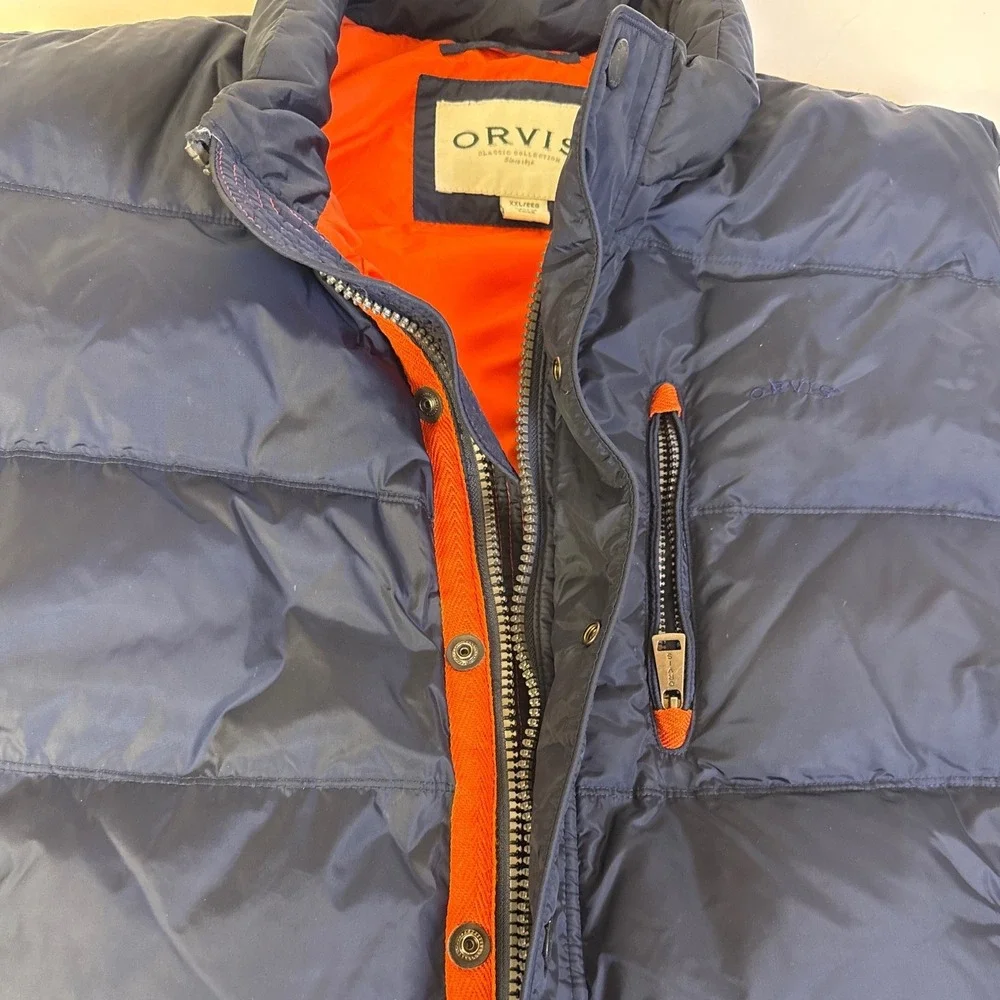 Orvis Classic Collection‎ Navy Blue Puffer Vest Orange Lining Mens XXL Puffy Zip